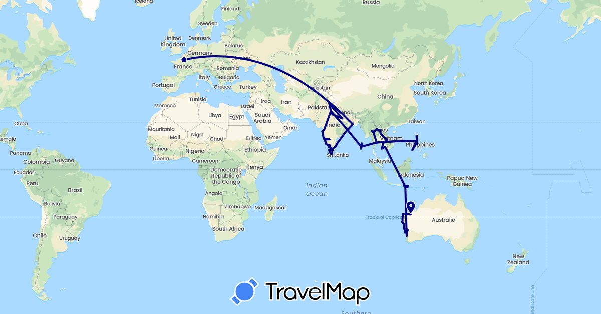 TravelMap itinerary: driving in Australia, France, Indonesia, India, Cambodia, Laos, Philippines, Thailand (Asia, Europe, Oceania)